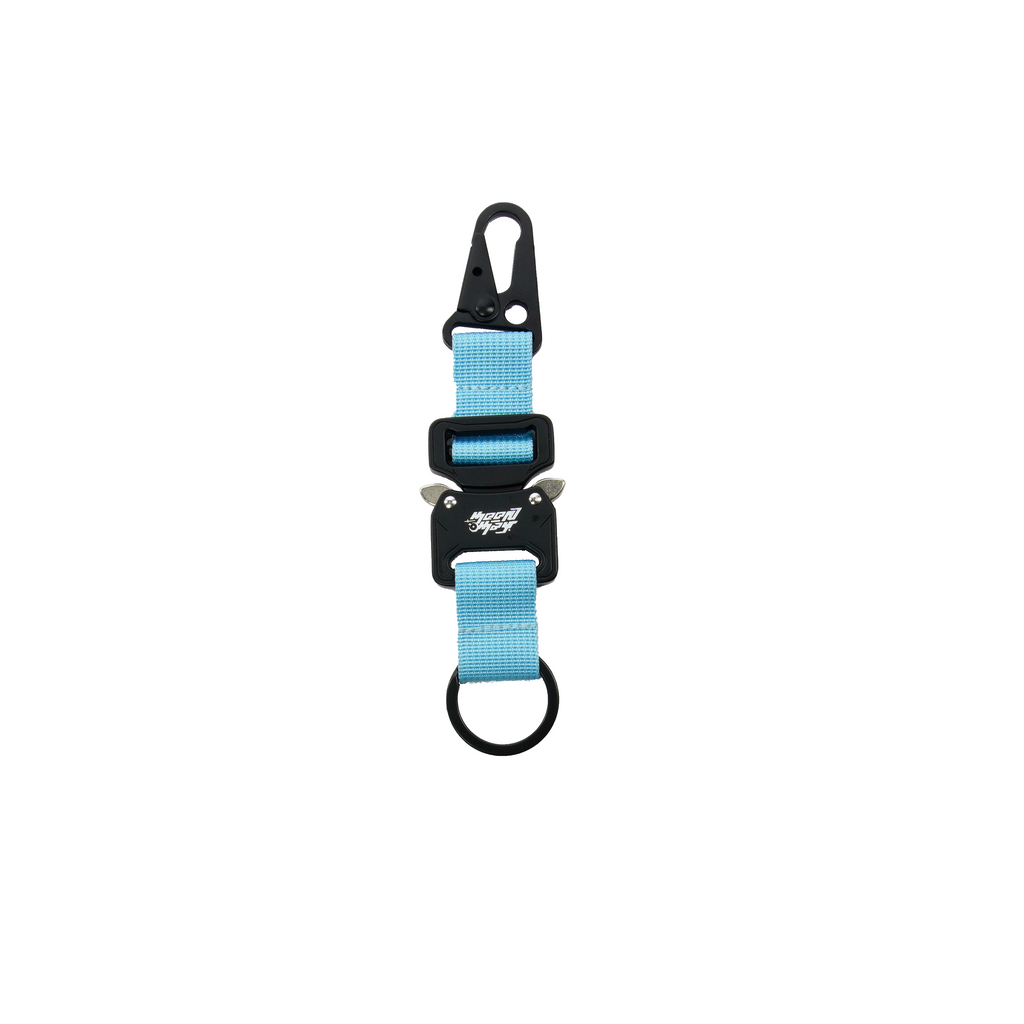 Light blue strap with black hardware on a white background